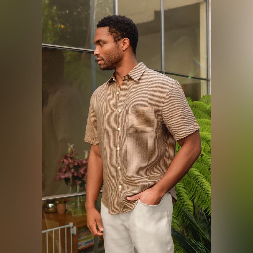 Alex Crane Men’s Ola Short-Sleeve Linen Button Down Shirt Overdye Chai  XXL Tan